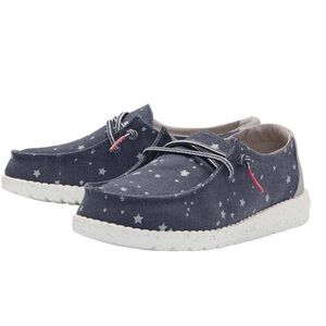 Like New Hey Dude Wendy Youth Fur Blue Star Print Slip On Loafer Shoes Size K11